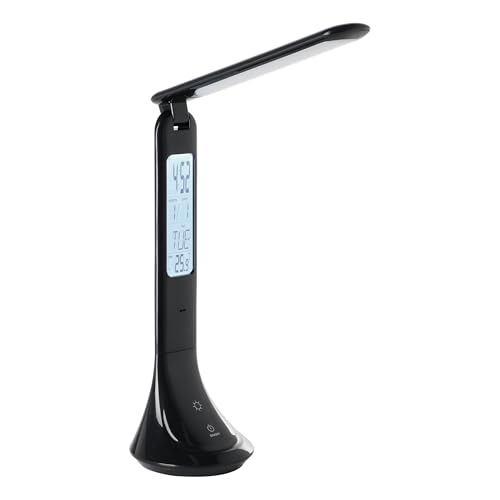 Eglo LED Table lamp Coluccia, Bedside lamp with Alarm Clock and Thermometer, Touch dimmable Desk lamp Made of Black Plastic, Office Lighting Neutral White