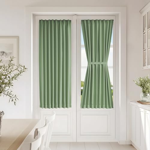 Vatge Privacy French Door Curtain - Thermal Insulated Self Adhesive Blackout Door Curtains with Tieback, 1 Panel, W25 x L54, Sage Green