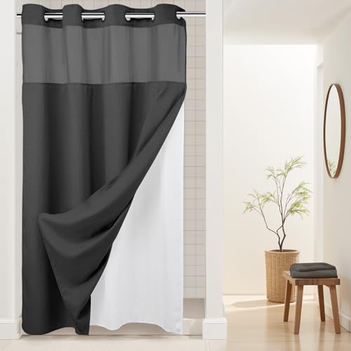 No Hooks Required Waffle Weave Bathroom Curtains with Snap in Liner -Stall 54W x 80H,Hotel Grade,Spa Like Bath Curtain,Graphite Grey