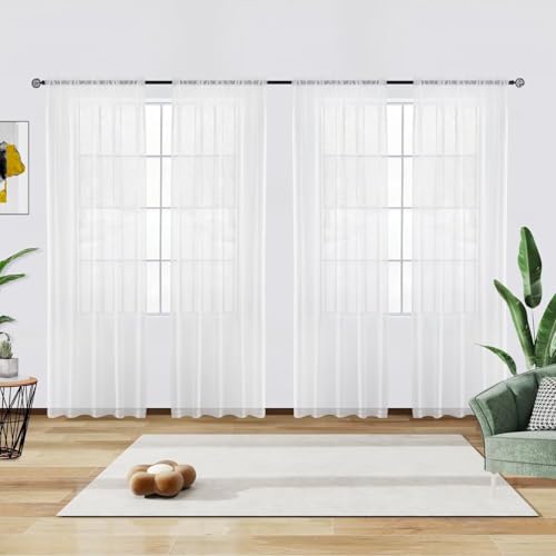 youleyar Solid Sheer Rod Pocket Curtain Voile Draperies 4 Panels White Beige Black Grey Ivory 52 Inch Width 54 Inch Long 1 Pair for Kitchen Bedroom Children Living Room Yard(White,52 W???54 L)