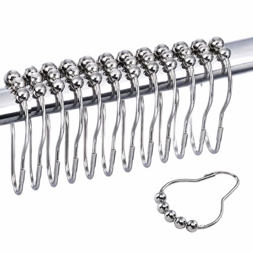 12 Pcs Silver Stainless Steel Shower Curtain Hooks Rings with Rollers - Rust-resistant stainless steel, smooth roller ball glide system, heavy-duty snap closure for standard bathroom rods
