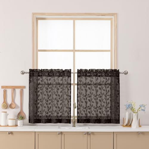 "Chyhomenyc Chocolate Sheer Curtains 24 Inch Length, Light Filtering Leaf Tufted Textured Small Window Kitchen Curtain Over Sink, Short Half Window Curtains for Bathroom Basement, 28"" Wx24 L, 2 Panels"