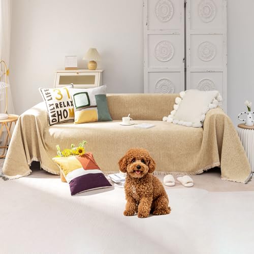 VClife Khaki Sofa Cover, Washable Couch Cover for 3 Cushion Couch Sofa Pet Friendly Sofa Protector with Tassel 71''x150'', Anti Slip Chenille Sectional Sofa Cover for Dog Cat Kid