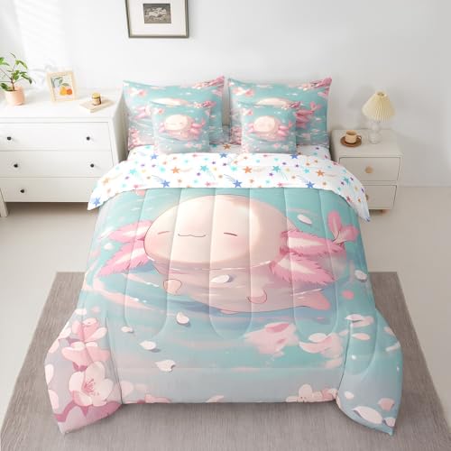 Feelyou Kids Cute Axolotl Comforter Set with Sheets Twin Size, Cartoon Salamander 7 Pieces Bedding Set Boys Girls Kawaii Ocean Sealife Bed in A Bag Cherry Blossoms Teens Bed Set Bedroom Decor 7Pcs