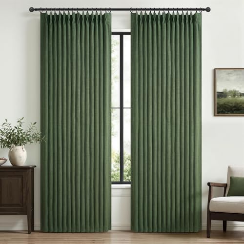 "Blackout Dark Green Viral Curtains 90 Inches Long for Bedroom 2 Panels Set, Memory Trained Pinch Pleated Double Layer Thick Linen Thermal Noise Reducing Country Privacy Drapes 40"" W x 90"" L Loden"