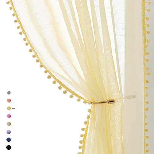 "Treatmentex Yellow Sheer Curtains for Living Room 95"" Linen Texture Pom Pom Trimmed Voile Drapes for Children's Room 2 Panels"