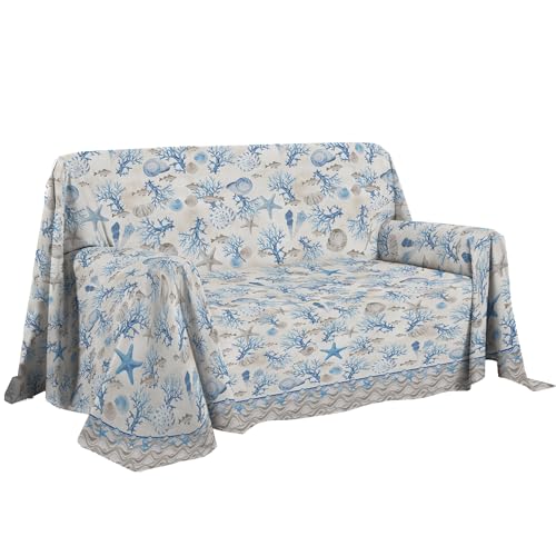 PENSIERI DELICATI Sofa Cover, 250 x 290 cm, Made in Italy, 100% Pure Cotton Fabric, Navy Blue Pattern, Ideal as a Furnishing Towel, Sofa or Summer Bedspread (Double Bed)