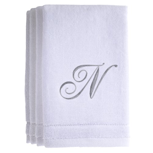 Monogrammed Towels Fingertip, Personalized Gift, 11 x 18 Inches - Set of 4- Silver Embroidered Towel - Extra Absorbent 100% Cotton- Soft Velour Finish - For Bathroom/Kitchen/Spa- Initial N (White)