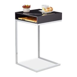 Relaxdays Side Table, C-shape, Storage Compartment, H x W x D: approx. 63 x 37 x 38 cm, MDF & Metal, Black/Silver