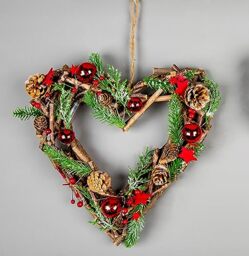 SHATCHI 35cm Prelit Heart Wreath Battery Operated - Wooden Twigs Base Decorated with Red Baubles,Berries,Stars,Foliage,Pine Cones, Micro Rice LED Lights - Christmas Home Hanging Decoration