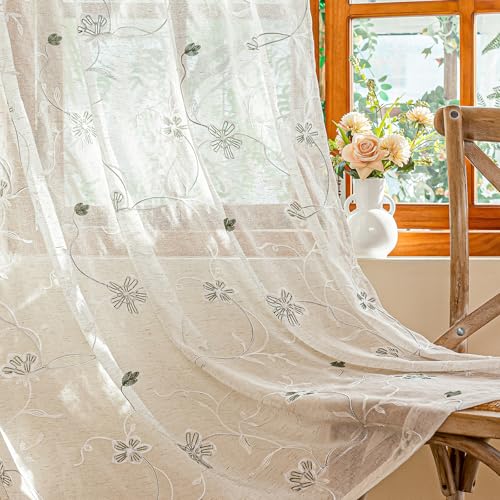 AmHoo 2 Panels Linen Floral Leaf Embroidered Semi Sheer Curtain Farmhouse Voile Curtains for Living Room Bedroom Window Treatment Sage Green 52 x 63 Inch