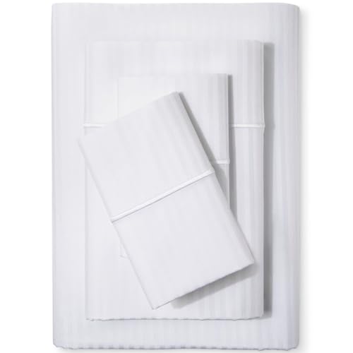 Feather & Stitch Striped Queen Size Bed Sheets 4 Piece 100% Cotton 500 Thread Count Soft Bedding Luxury Hotel Sheets with Deep Pocket 18 inches Snug Fit Smooth Sateen Weave (White)