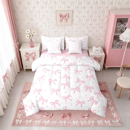Erosebridal Cute Bow Bedding Sets 7 Piece Pink Kawaii Bows Full Comforter Set for Kids Girls Women Dreamy Princess Bowknot Bed in A Bag,Coquette Butterfly Knot Bed Set