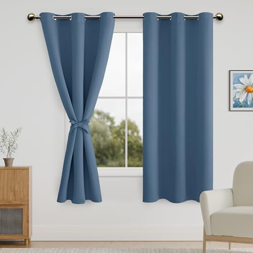 DWCN Blackout Curtains for Bedroom with Tiebacks - Room Darkening Privacy Grommet Top Window Curtains for Living Room, 42 x 72 inch Long, Airy Blue, Set of 2 Panels