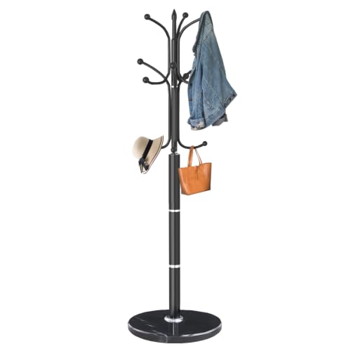 Snaikor Metal Coat Rack Freestanding, Sturdy Coat Rack Stand with Natural Marble Base, Modern Black Coat Racks Tree Hats Hanger Holder Stand for Entryway, Hallway, Office(12 Hooks)