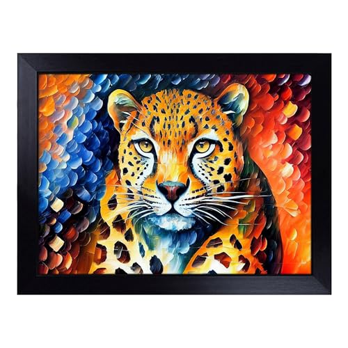 Lap Tray with Bean Bag Cushion, Leopard Painting Abstract - Handmade in the UK, Raised Wooden Edge, Padded Cushion, Heat-Resistant Wipe-Clean Surface, for Meals, Laptops and Crafts