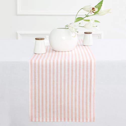 Solino Home Linen Table Runner 72 Inches Long - Amalfi Stripe, 100% Pure Linen Coral and White Table Runner 14 x 72 Inch for Dining, Dresser, Summer
