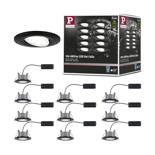 Paulmann Calla 92462 LED Recessed Light Round Set of 10 10 x 6 W IP65 Neutral White Recessed Spotlight Black Matte Swivelling Spotlights Plastic Recessed Lamp 4000 K