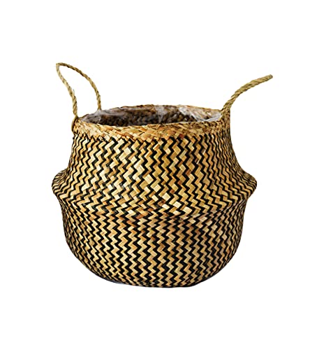 Ivyline Seagrass Chevron Small Black Lined Basket Planter - Hand Finished, Stylish & Waterproof - Decorative Woven Indoor Flower Pot - H25cm x D30cm