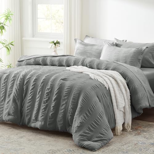 Zzlpp Full Comforter Set 7 Pieces, Grey Seersucker Bedroom Bed in a Bag with Comforter and Sheets, All Season Bedding Sets with 1 Comforter, 2 Pillow Shams, 2 Pillowcases, 1 Flat Sheet, 1 Fitted Sheet