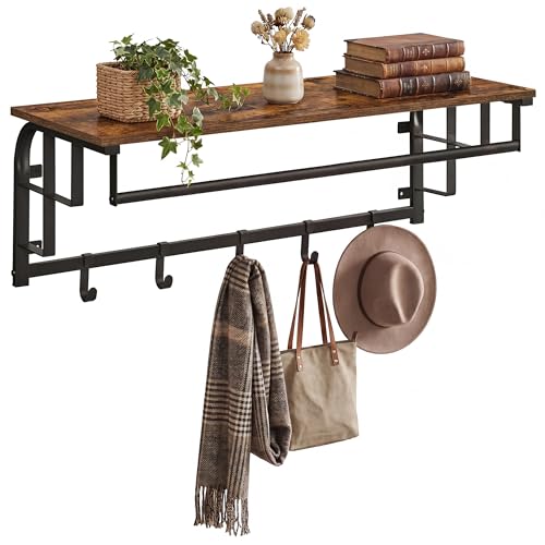 VASAGLE Coat Rack Wall-Mounted, Clothes Rail with 5 Removable Coat Hooks, Floating Shelf with Hanging Rail, for Hallway, Bedroom, Living Room, Rustic Brown and Black LCR102B01