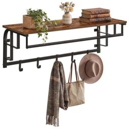 VASAGLE Coat Rack Wall-Mounted, Clothes Rail with 5 Removable Coat Hooks, Floating Shelf with Hanging Rail, for Hallway, Bedroom, Living Room, Rustic Brown and Black LCR102B01