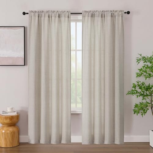 "Simplebrand Linen Linen Curtains 84 Inch Length 2 Panels Set, Faux Linen Textured Semi Light Filtering Farmhouse Curtains & Drapes, Soft Slub Window Curtains for Living Room Bedroom, Each 42"" Wx84 L"