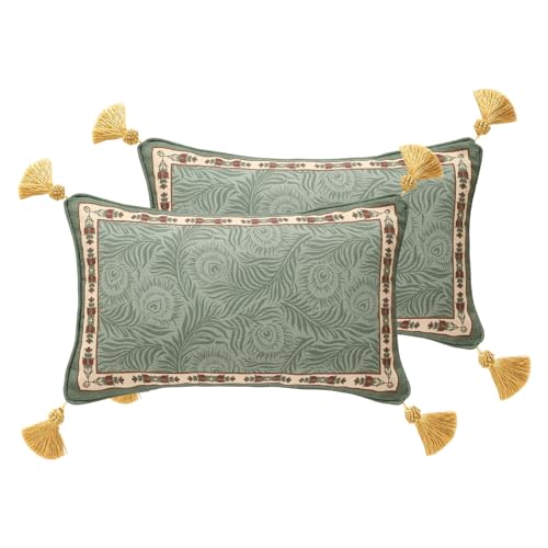 "patdrea Designer Throw Pillow Covers Set of 2,French Elegant Green Linen with Curly Grass and Floral Pattern Pillow Covers,Decorative Lumbar Pillowcases Cushion for Bed Living Room Outdoor,12""x20"""