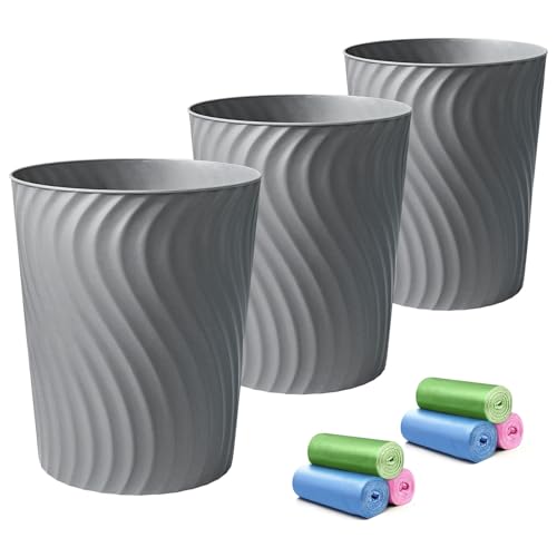 YGJT Small Trash Can, 3 Pack 1.8 Gallons Bathroom Trash Can with Trash Bags - Slim Waste Basket, Round Garbage Can, Plastic Trash Bin for Kitchen, Dorm, Bedroom, Office, Living Room-Compact Spaces(Grey)