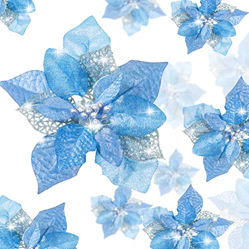 24 Pieces Christmas Glitter Poinsettia Flowers Artificial Xmas Flowers Wedding Christmas Tree New Year Ornaments (Blue)