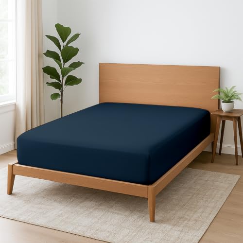 Cottington Lane 1 Piece Queen Size Fitted Sheet Only, Premium Hotel Quality Brushed Microfiber 15 Inch Deep Pocket Bottom Sheet, Ultra Soft, Breathable & Durable, Navy Blue