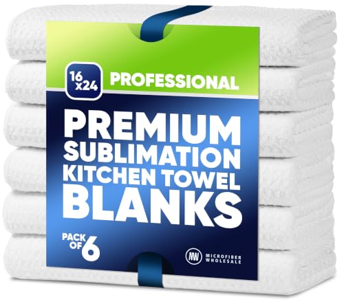Kitchen Towels - Microfiber Waffle Weave Towels - 16 x 24 in. (6 Pack) - Absorbent, Lint Free, Thick, Reusable, Commercial, Soft, Hand, Tea, Glass, Bar, Sublimation Blank, Polyester Cloths - White