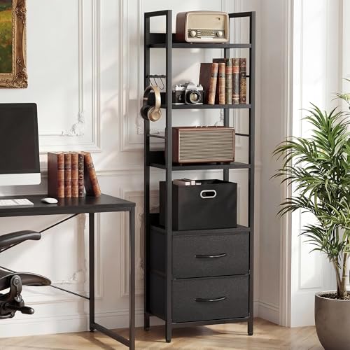 YITAHOME Industrial Bookshelf, 4-Tier Bookcase with Adjustable Shelves & 2 Fabric Drawers, Freestanding Display Shelf with Metal Frame for Living Room, Bedroom, Office, Black