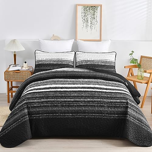 "DJY Black Striped Quilt Set Queen Size, Boho Stripe Patchwork Bedspread Coverlet Set Soft Microfiber Quilt Bedding Set 3 Pieces for All Season(90""x96"")"