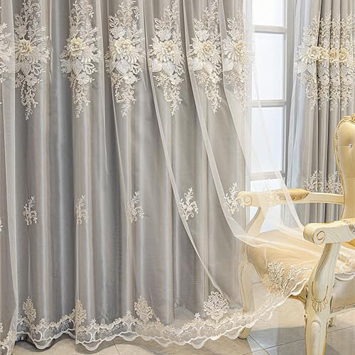 Amidoudou 1 Pair Luxury European Curtains with Valance for Living Room Bedroom Double Layer Embroidered Curtains (Grey,52x84 Inch)