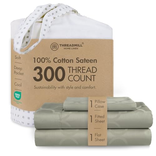 Threadmill Cotton Twin Sheet Set - 100% Cotton Sheets for Twin Size Bed - Damask Jacquard Sateen Twin Bed Sheets Set with 16??? Deep Pocket - Soft Breathable 3-Piece Cooling Sheet Set - Sage