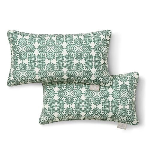 "Martha Stewart Tulum Indoor Outdoor Decorative Lumbar Pillow 2-Pack Set, UV Fade Resistant, Water Repellent, Printed Modern Design, 11""x18"", Green"