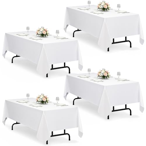 Decorelia White Washable Table Cloths for 8 Ft Rectangle Tables-4 Pack, Washable Polyester Rustic Faux Linen Rectangular Table Cloth Cover for Wedding,Outdoor,Events, Party,Banquet,Dining, 60x120 Inch