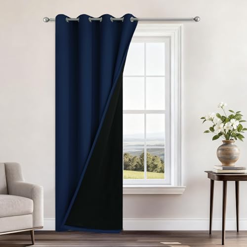 "Yakamok Navy Blue Blackout Curtains 96"" Long for Bedroom 52"" Wide 1 Panel - Blackout Curtain Panels for Bedroom, 2 Thick Layers Grommet Top Thermal Insulated Drapes with Black Liner for Living Room"