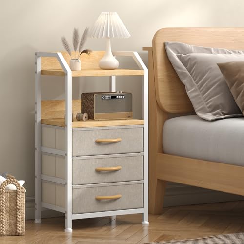Feonase Bedside Table with 3 Fabric Drawers and Open Shelf, Nightstand for Bedroom, Living Room, Small Spaces – Metal Frame & Wooden Top, Compact Sofa End Table with Storage for Home Décor, Khaki
