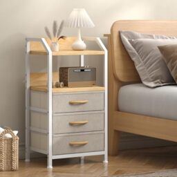 Feonase Bedside Table with 3 Fabric Drawers and Open Shelf, Nightstand for Bedroom, Living Room, Small Spaces – Metal Frame & Wooden Top, Compact Sofa End Table with Storage for Home Décor, Khaki