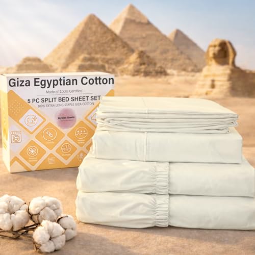"Adjustable Bed Sheets - Cotton Split King & Twin XL, 16"" Deep Pockets, 5 Pcs - Ivory"