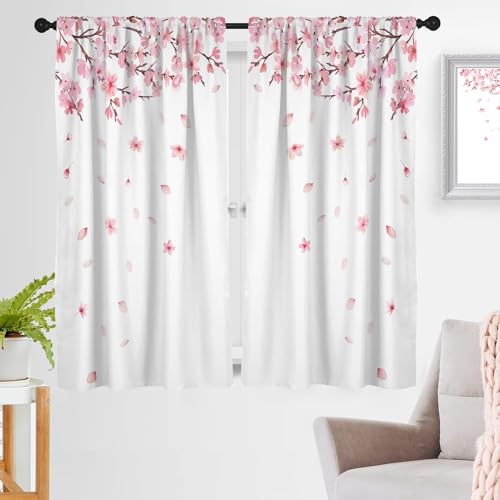 "zokyer Pink Floral Window Curtain Flowers Cherry Blossom White Art Girls Botanical Plant Rustic Country Farmhouse 42"" W x 63"" L Curtains Set for Living Room Bedroom Bathroom 2 Panels Rod Pocket Drapes"