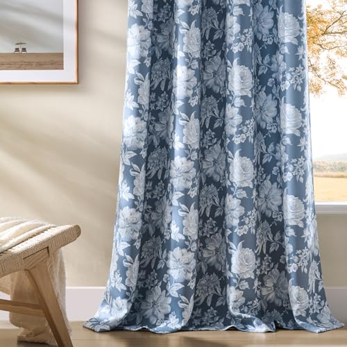 FOLKSIDE Blue Floral Curtains 72 Inch Length 2 Panels for Bedroom Thermal Insulated Grommet Room Darkening Window Drapes Victorian Flower Curtains, 52x72