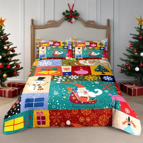 "WHWODIDE Christmas Quilt Set 3 Pieces Winter Decor Lightweight Bedspreads Coverlet Bedding Set with 2 Pillow Shams for All Season (Gift, Queen(90""x90""))"