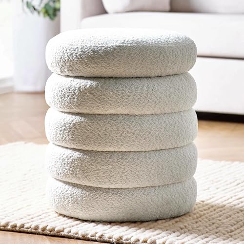 Julian Bowen Hailey Storage Ottoman - Round Footstool Upholstered in Ivory Bouclé Fabric, 40 x 50cm, Padded Foot Rest with Lid for Living Room, Bedroom & Hallway - Cream
