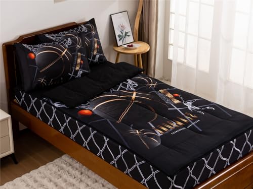 NTBED Black Basketball Printed Zipper Bedding Sets Twin for Kids Boys Lightweight Microfiber Comforter Set with Fitted Sheet Pillow Covers