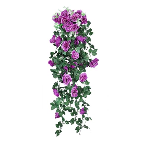 RECUTMS 2PCS Artificial Hanging Rose Fake Flowers Plants for Outdoors - 37in,Silk Ivy Garlands,for Home,Room,Garden,Front Porch,Wedding???Bridal Shower Easter Indoor Party Greenery Decor(Purple)