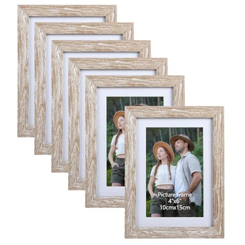 EYMPEU 6x4 Photo Frame with Mat Capable of Holding 7x5 or 6x4 Photos, Set of 6 Natural Photo Frames for Wall or Table Top Rustic Photo Frames