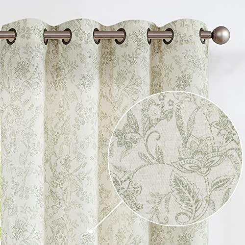 Vangao Rustic Style Linen Semi Sheer Curtains 108 Inches Long for Living Room Bedroom Green Vintage Floral Print on Beige Grommet Top Curtains